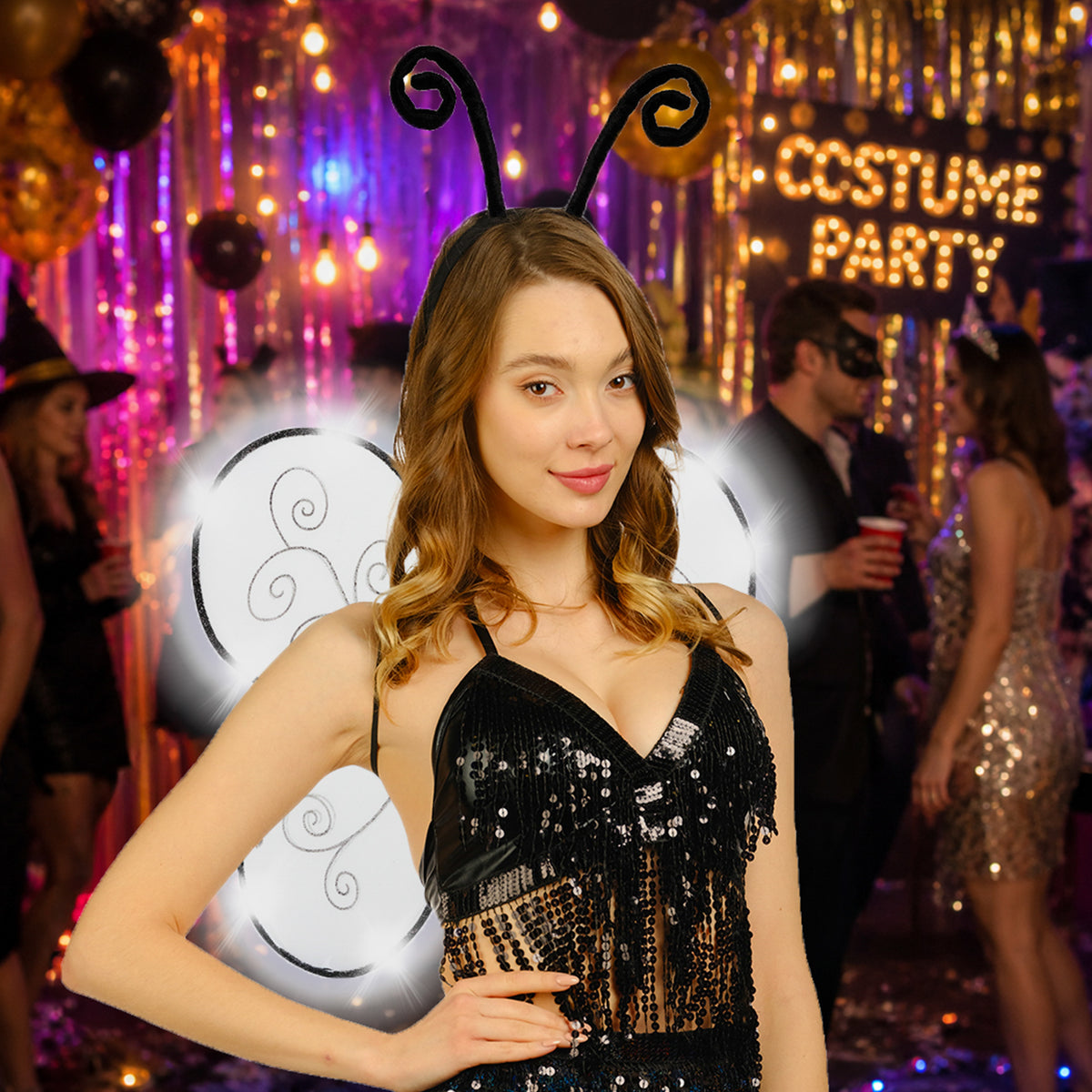 Light-Up Butterfly Wings & Antenna Headband Set styled for a costume party