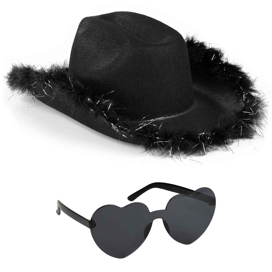 Black Cowgirl Hat with Glasses - Halloween Cowboy Hat with Feathers