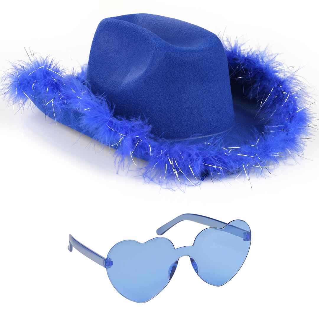 FUNCREDIBLE Blue Cowgirl Hat with Glasses - Halloween Cowboy Hat with Feathers