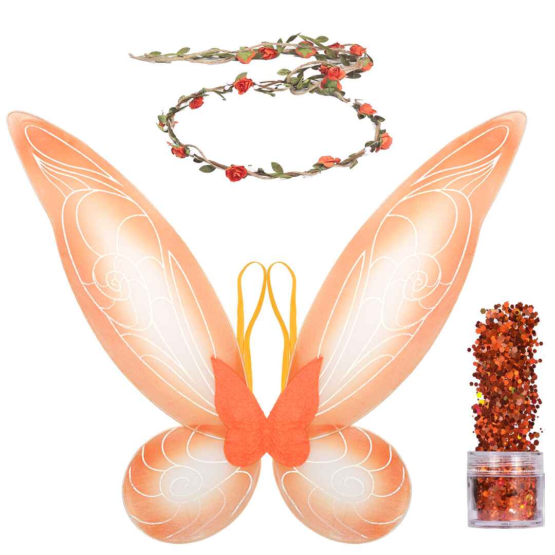 Orange Fairy Costume Accessories Set - Fairy Wings, Fairy Crown with Glitter