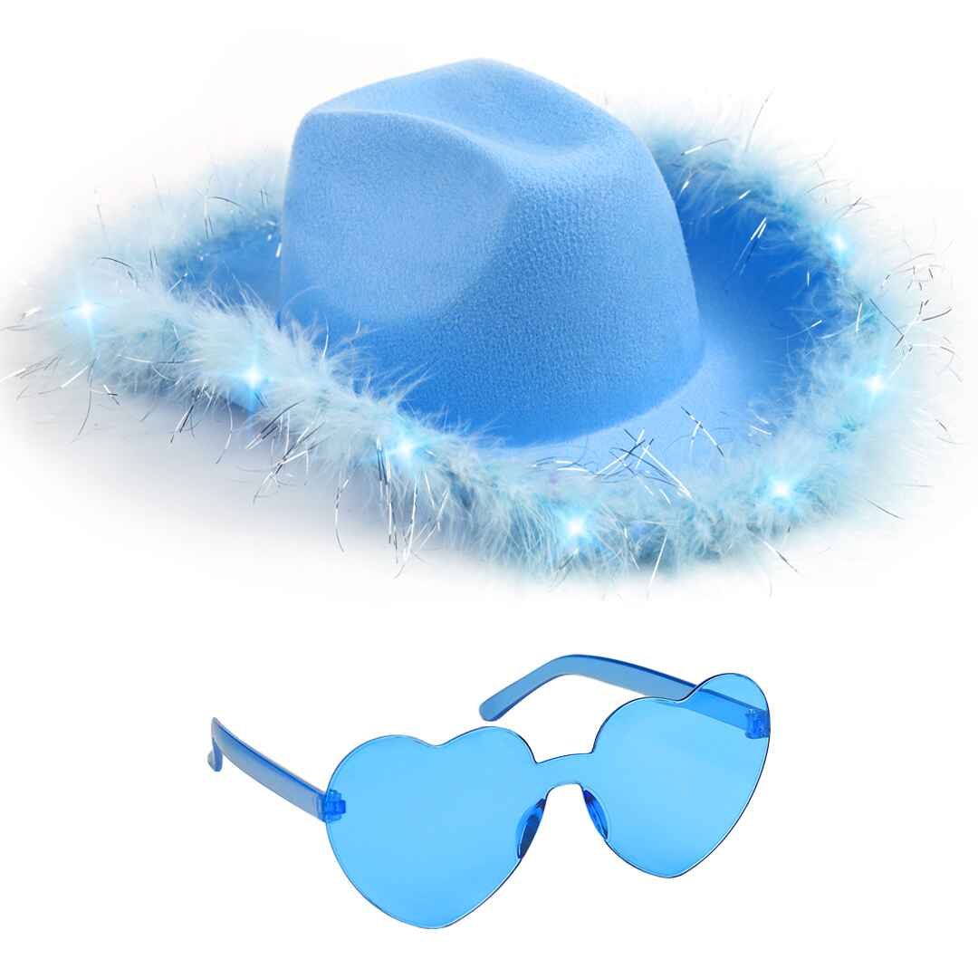 Funcredible Light Blue Cowgirl Hat with Glasses - Halloween Light Up Cowboy Hat