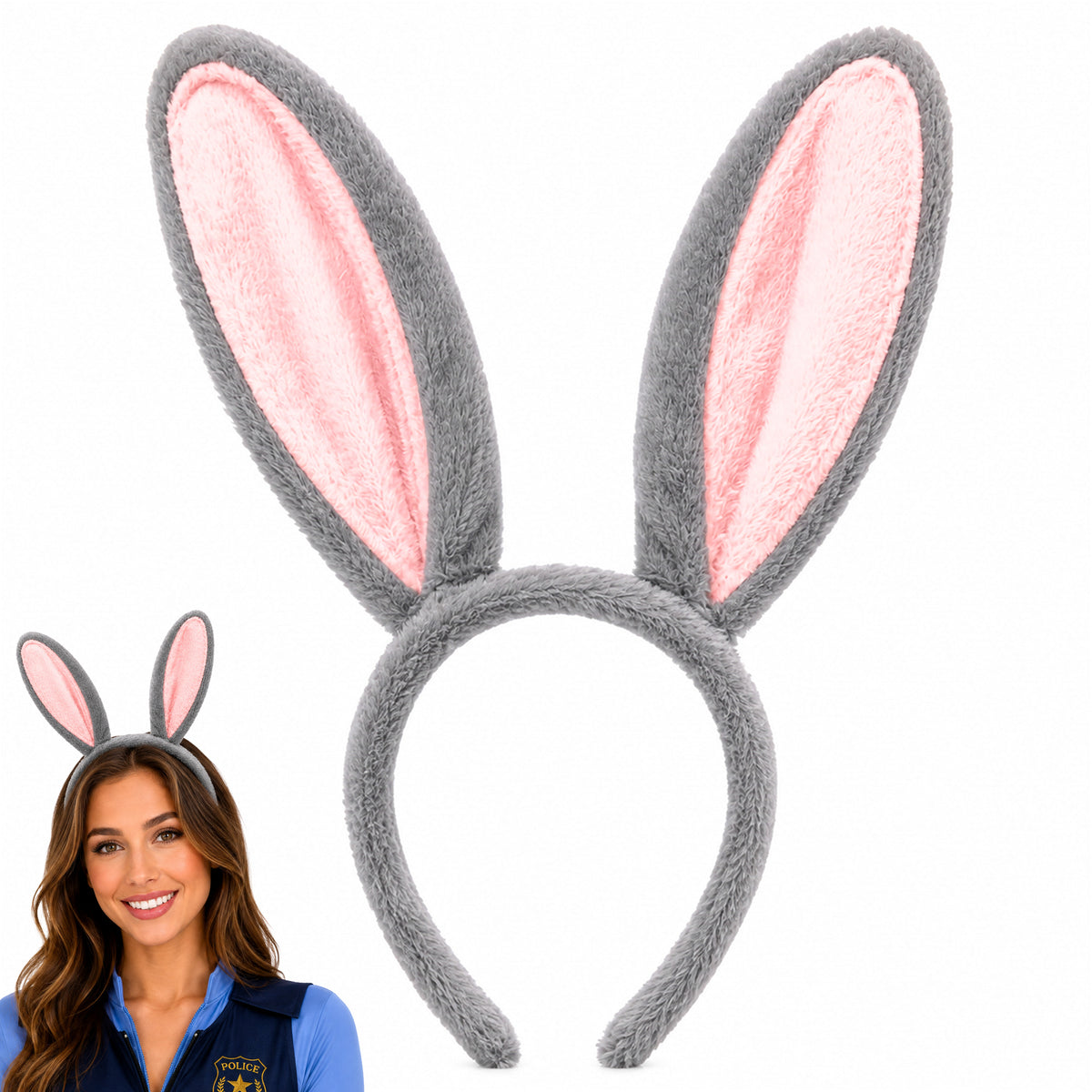 Gray Bunny Ears Headband with Pink Inner Ears