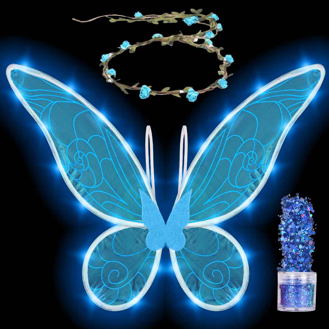 Funcredible Blue Fairy Wings Set with Crown and Glitter - Perfect for Girls, Women and Kids