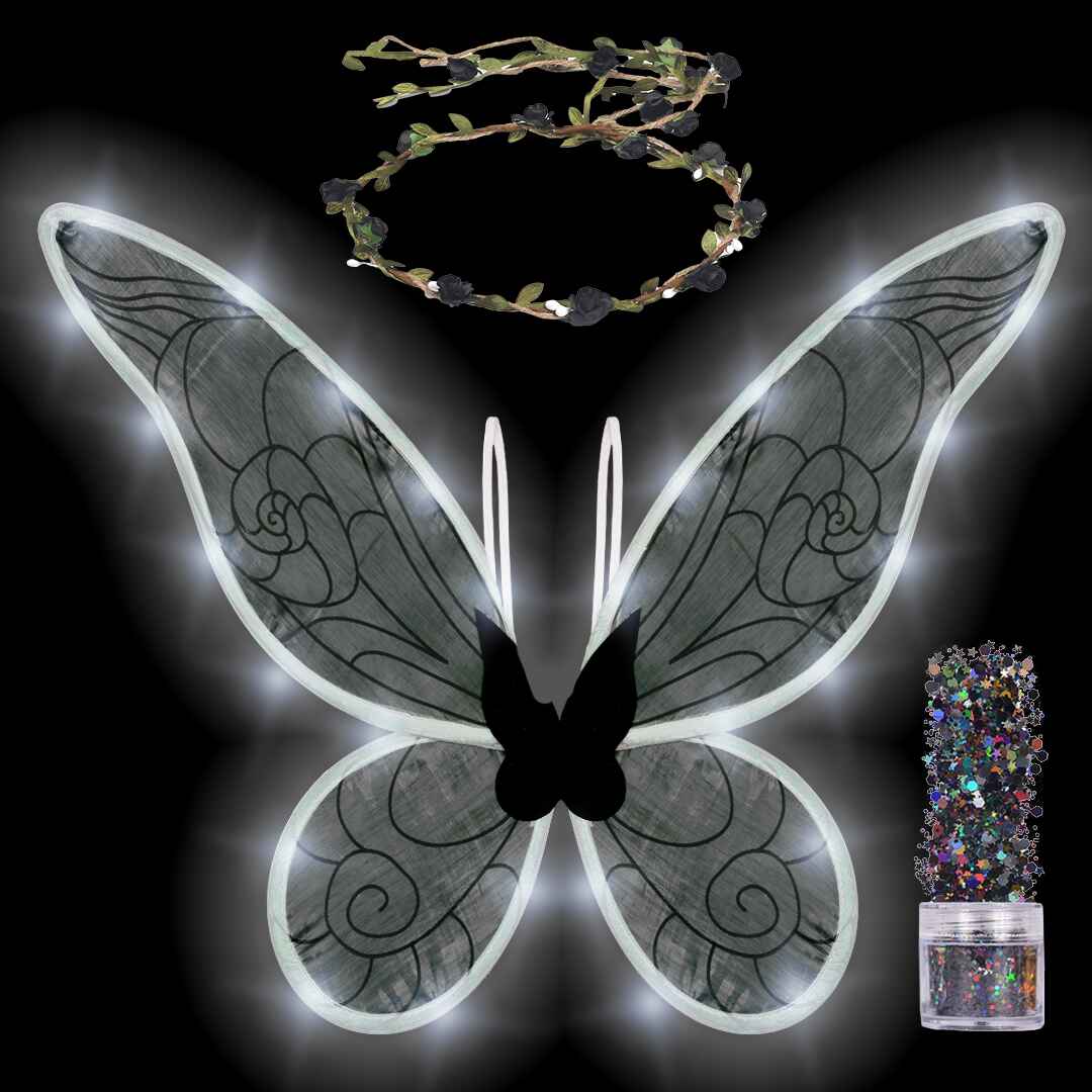 Black Fairy Wings Set with Crown and Glitter - Perfect for Girls, Women and Kids - Halloween Costume Cosplay Dress Up