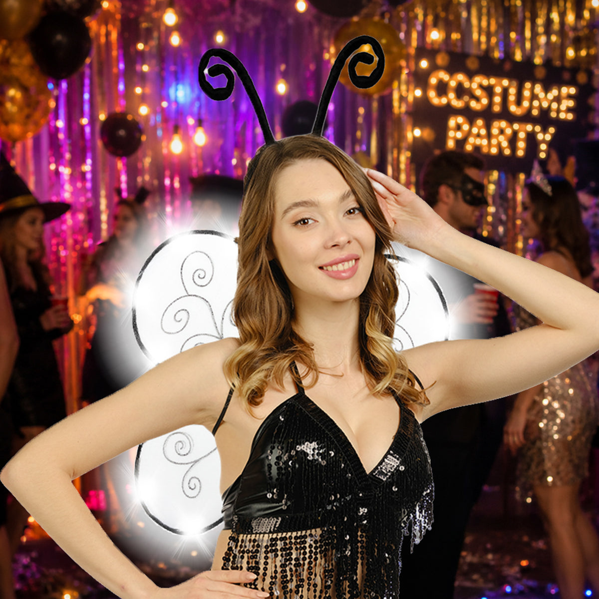 Light-Up Butterfly Wings & Antenna Headband Set styled for a costume party - alternate view