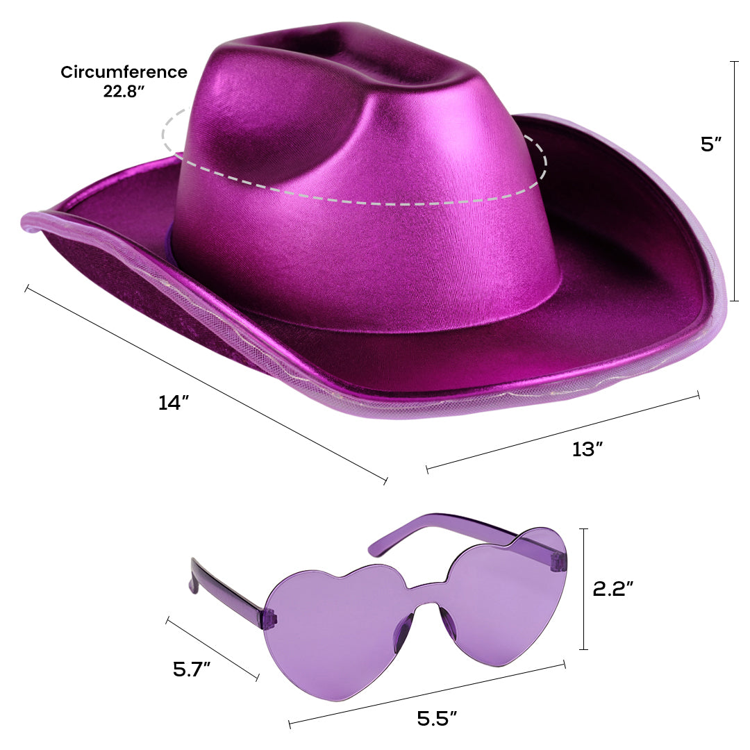 Light Up Cowboy Hat for Women - Purple Holographic Space Cowgirl Hat with Glasses - FUNCREDIBLE