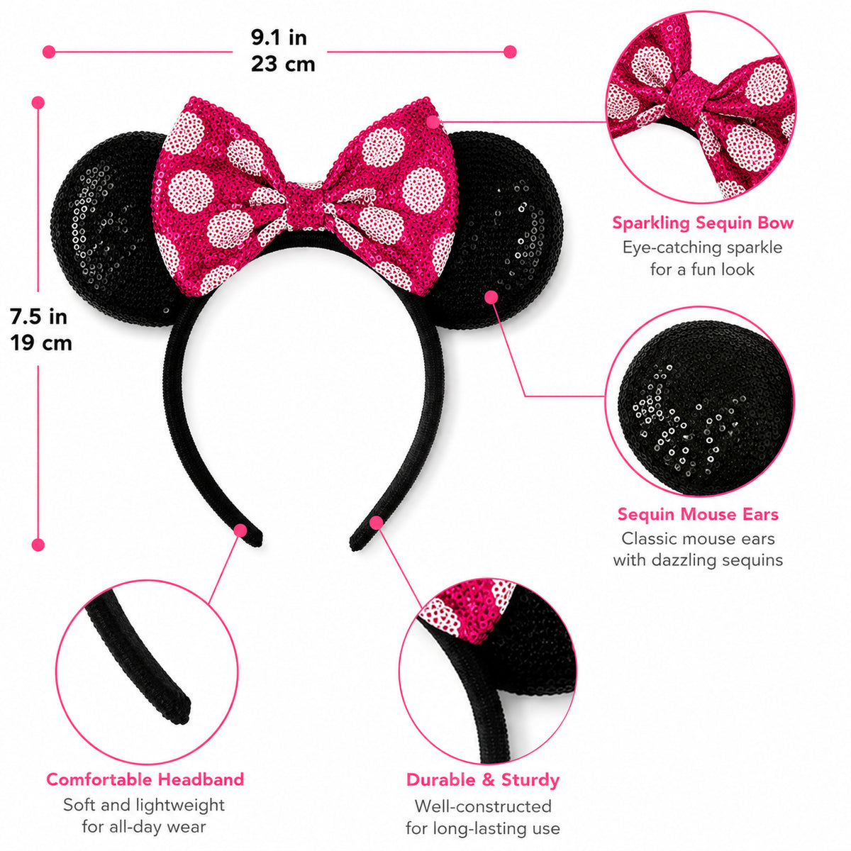 Pink Bow Sequin Mouse Ears & Dot Sheet - design and size details