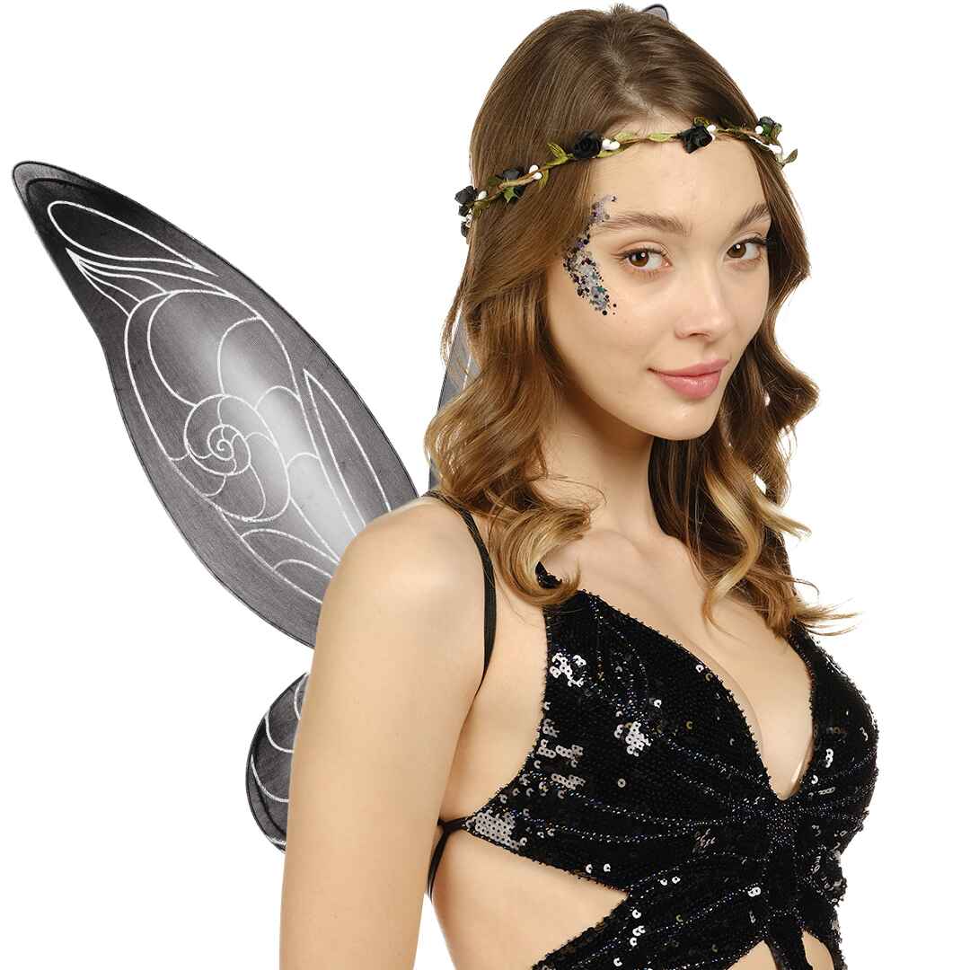 1 pcs black fairy wings for women, 1 flower fairy crown and 1 container black chunky glitter.