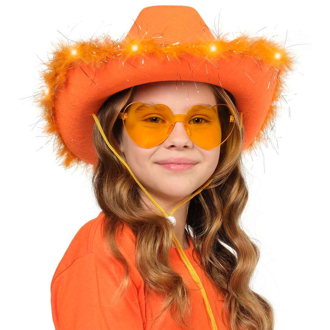 Funcredible Orange Cowgirl Hat with Glasses - Halloween Light Up Cowboy Hat with Feathers