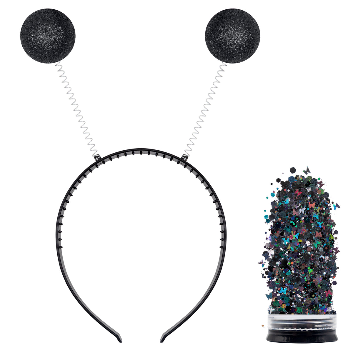 Black Alien Headband with Chunky Glitter - Alien Costume Accessories for Women - FUNCREDIBLE