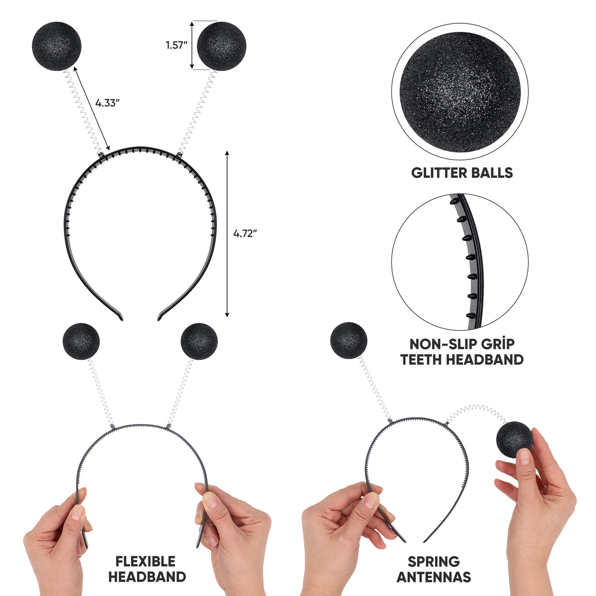 Black Alien Headband with Chunky Glitter - Alien Costume Accessories for Women - FUNCREDIBLE