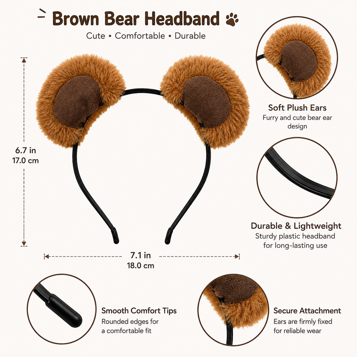 Brown Bear Ears Headband with Thin Band - design and size details