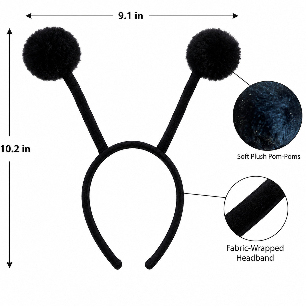 Black Pom-Pom Antenna Costume Headband - design and size details