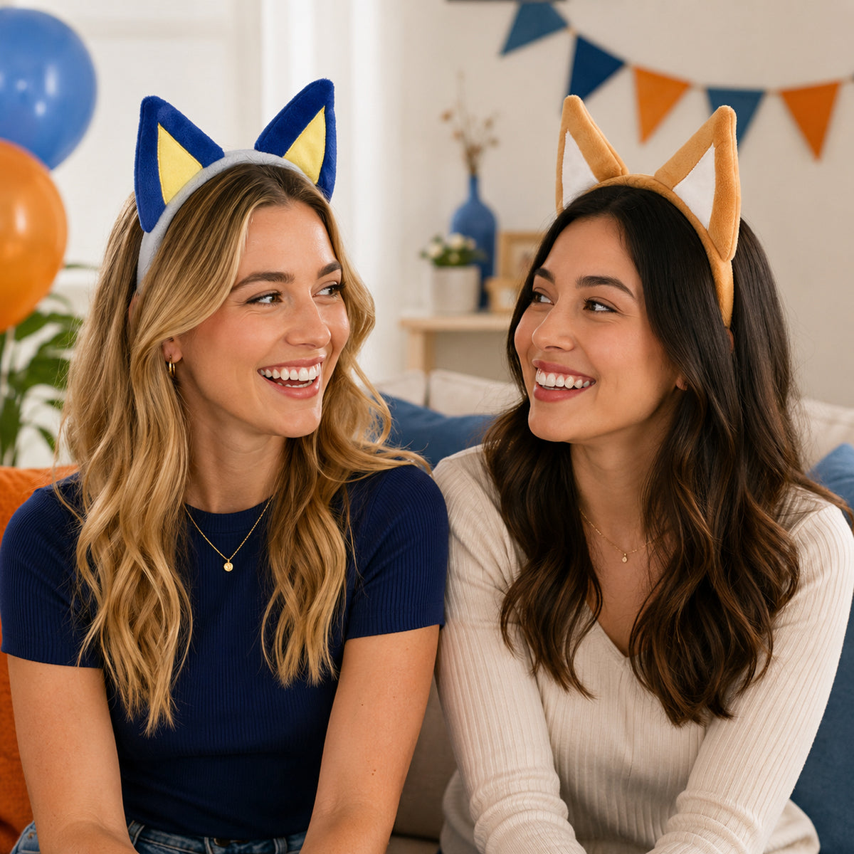 Blue & Tan Dog Ears Headband Set for Two styled for a costume party