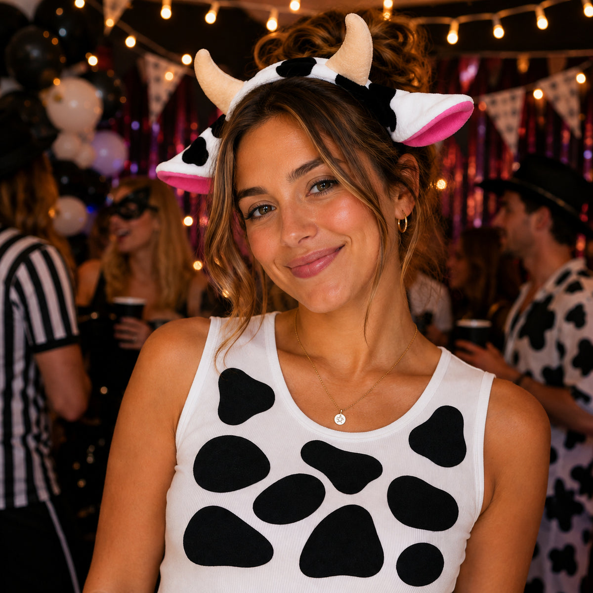Cow Ears & Horns Headband with Spot Sheet styled for a costume party - alternate view