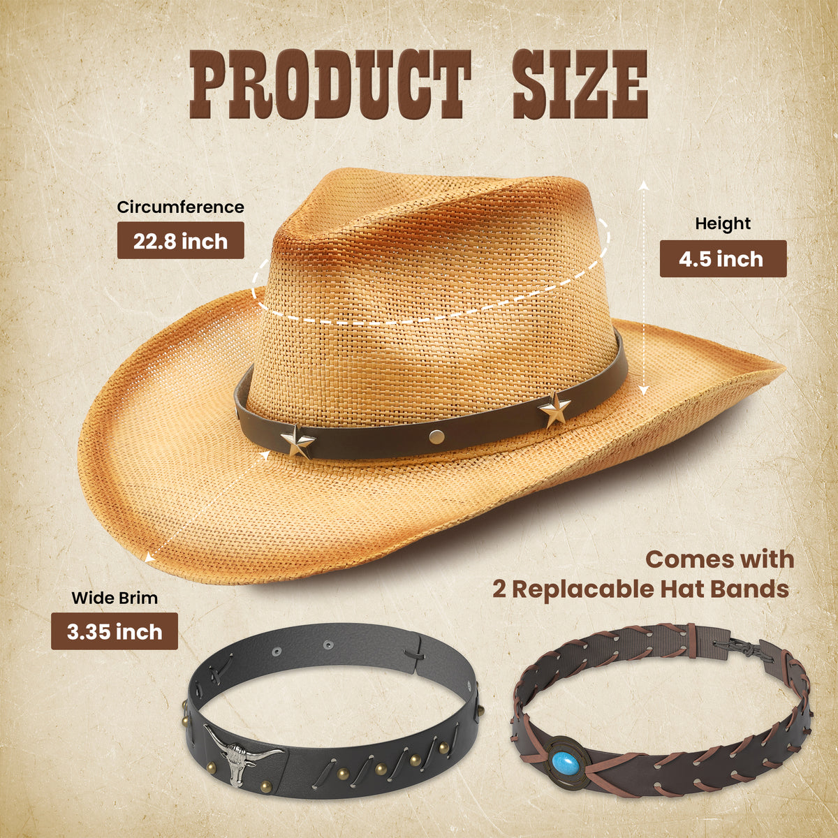 Funcredible Straw Cowboy Hat - Woven Cowgirl Hat with 3 Replaceable Hat Bands - Vintage Western Cowgirl Hat - Aesthetic Cowboy Hat for Women and Men Western Style - Trendy Cowgirl Cowboy Hat