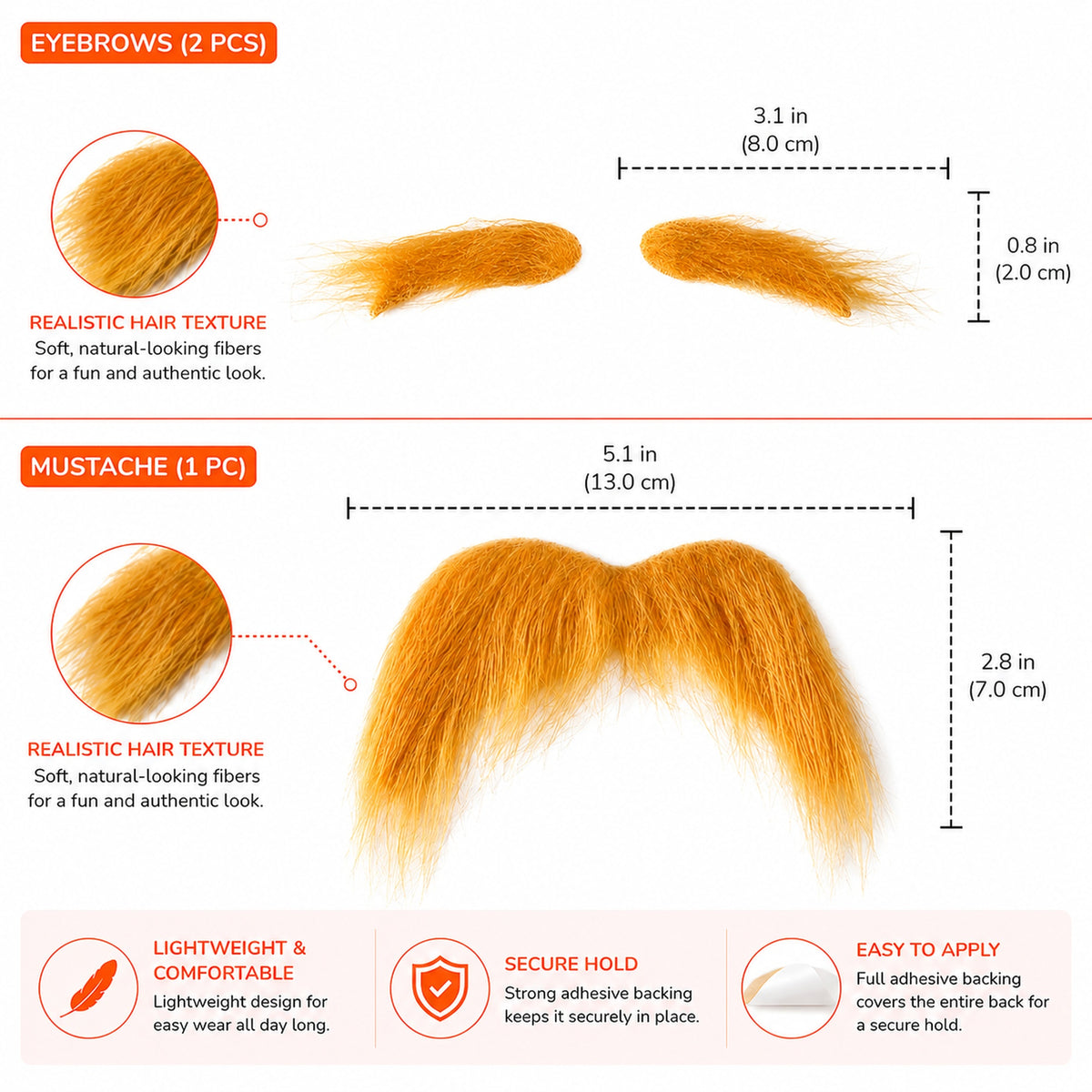 Orange Costume Mustache & Eyebrows Set - design and size details