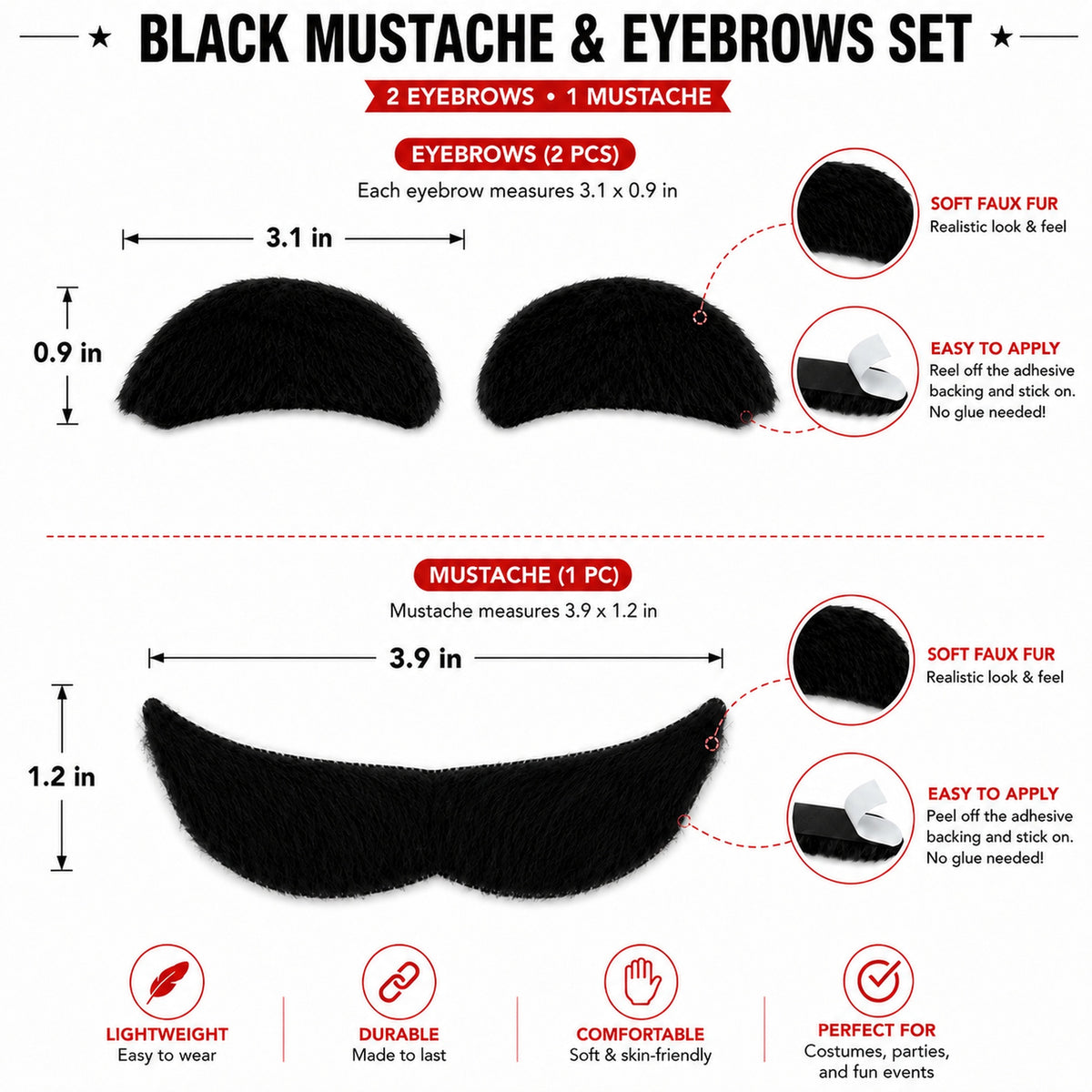 Black Curved Costume Mustache & Eyebrows - design and size details