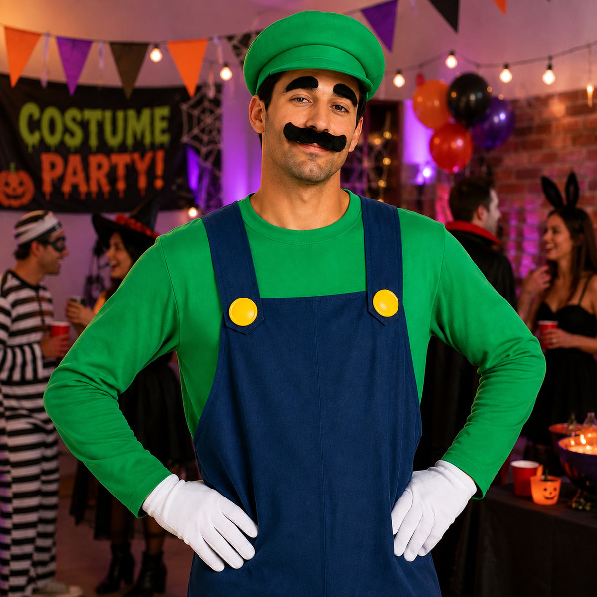 Black Curved Costume Mustache & Eyebrows styled for a costume party