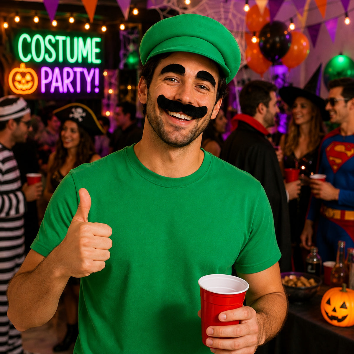 Black Curved Costume Mustache & Eyebrows styled for a costume party - alternate view