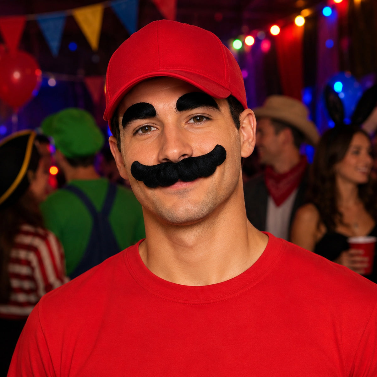 Black Scalloped Costume Mustache & Eyebrows styled for a costume party - alternate view