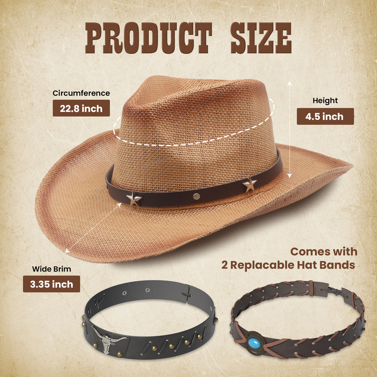 Funcredible Straw Cowboy Hat - Woven Cowgirl Hat with 3 Replaceable Hat Bands - Vintage Western Cowgirl Hat - Aesthetic Cowboy Hat for Women and Men Western Style - Trendy Cowgirl Cowboy Hat