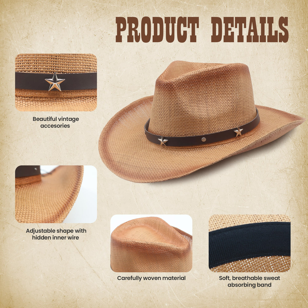Funcredible Straw Cowboy Hat - Woven Cowgirl Hat with 3 Replaceable Hat Bands - Vintage Western Cowgirl Hat - Aesthetic Cowboy Hat for Women and Men Western Style - Trendy Cowgirl Cowboy Hat
