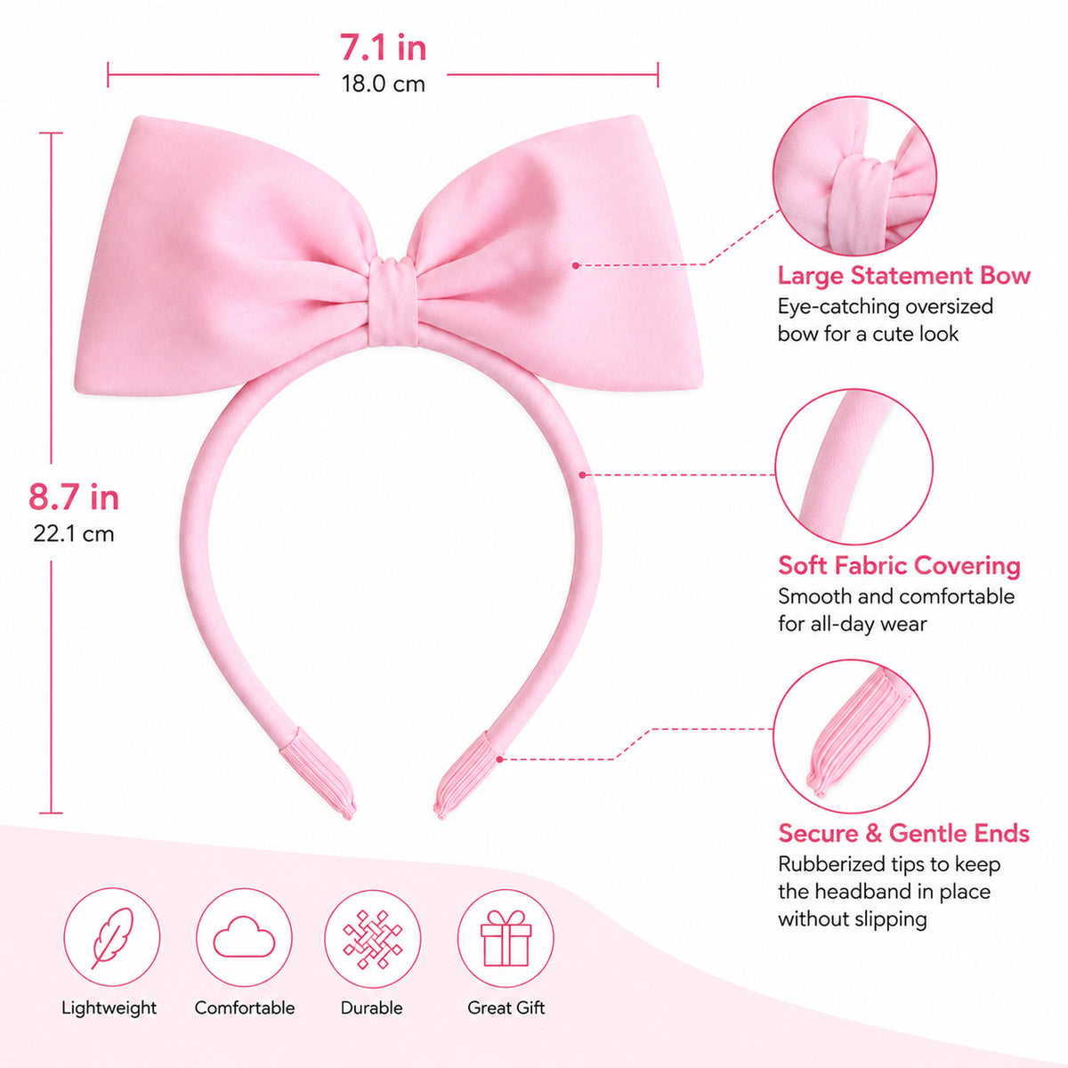 Large Pink Bow Costume Headband - design and size details