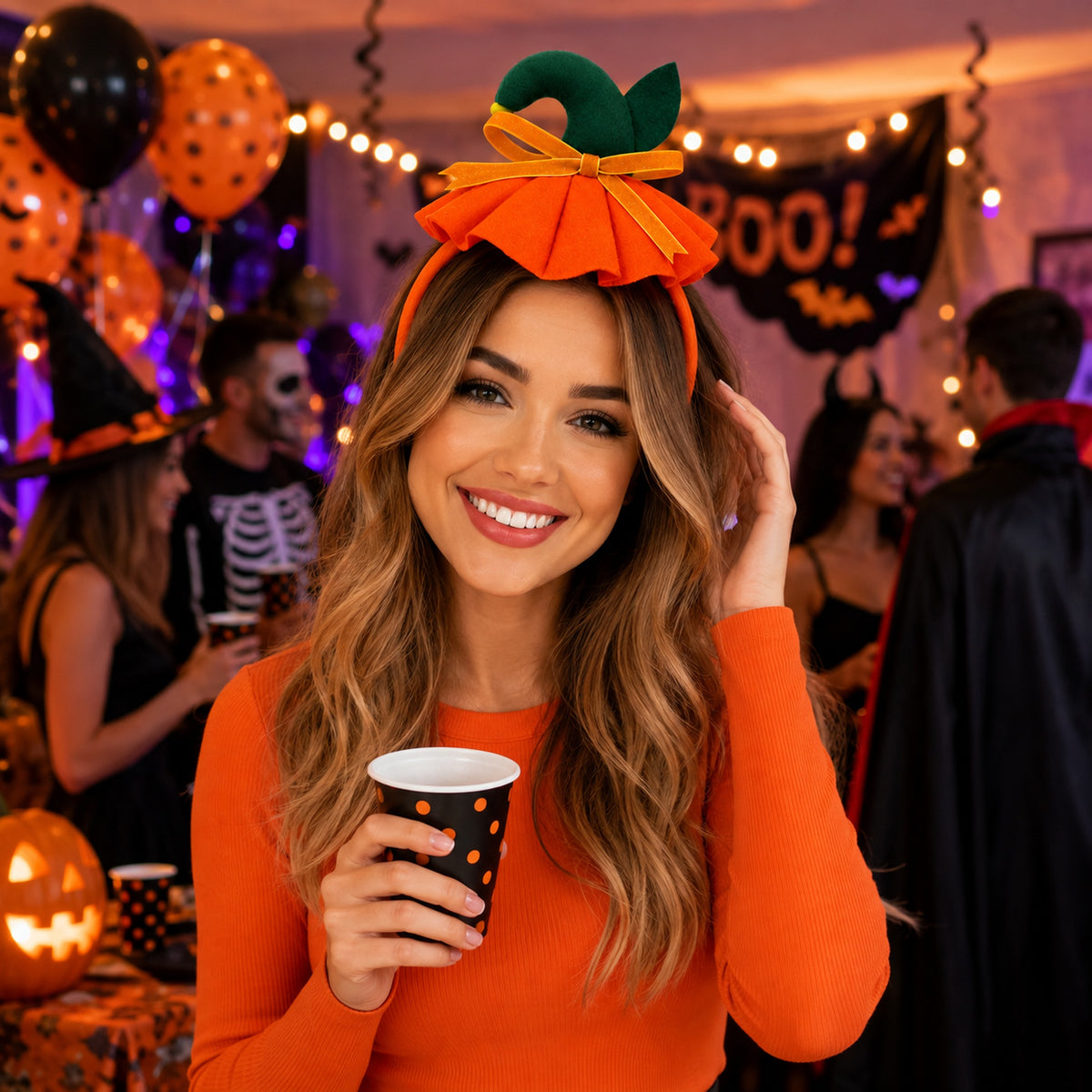 Pumpkin Headband with Gold Bow styled for a costume party