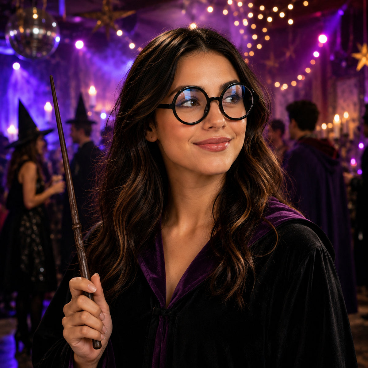 Round Black Wizard Costume Glasses styled for a costume party