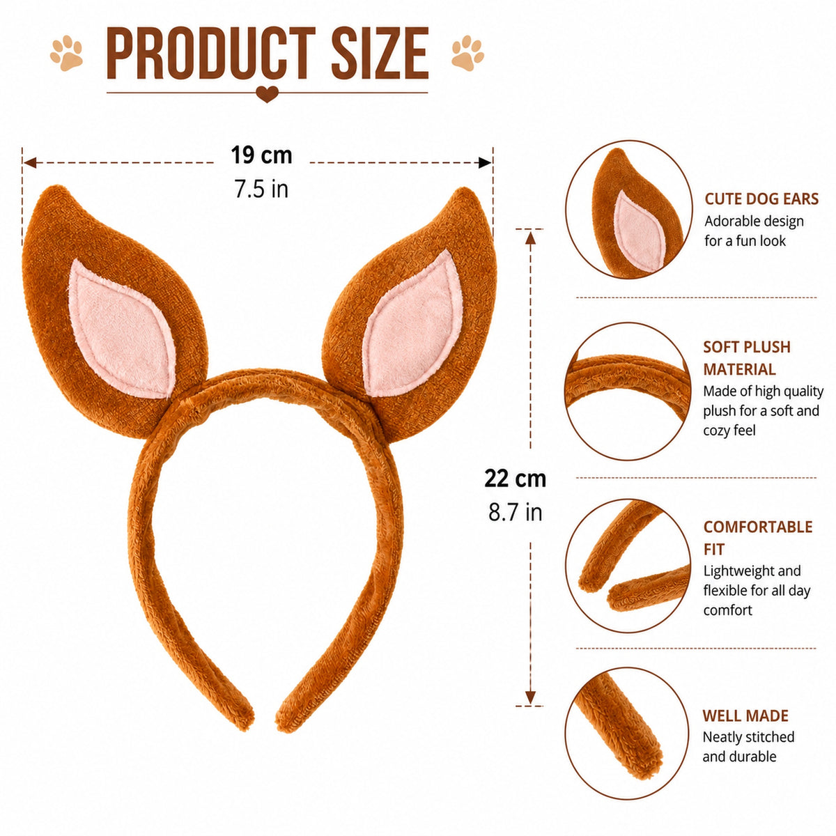 Brown Dog Ears Costume Headband - design and size details