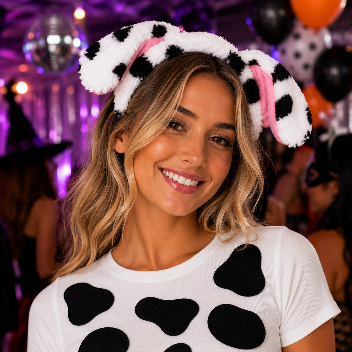 White Dalmatian Ears Headband & Spot Sheet styled for a costume party - alternate view
