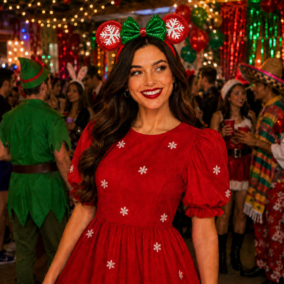 Christmas Mouse Ears Headband & Snowflake Sheet styled for a costume party - alternate view