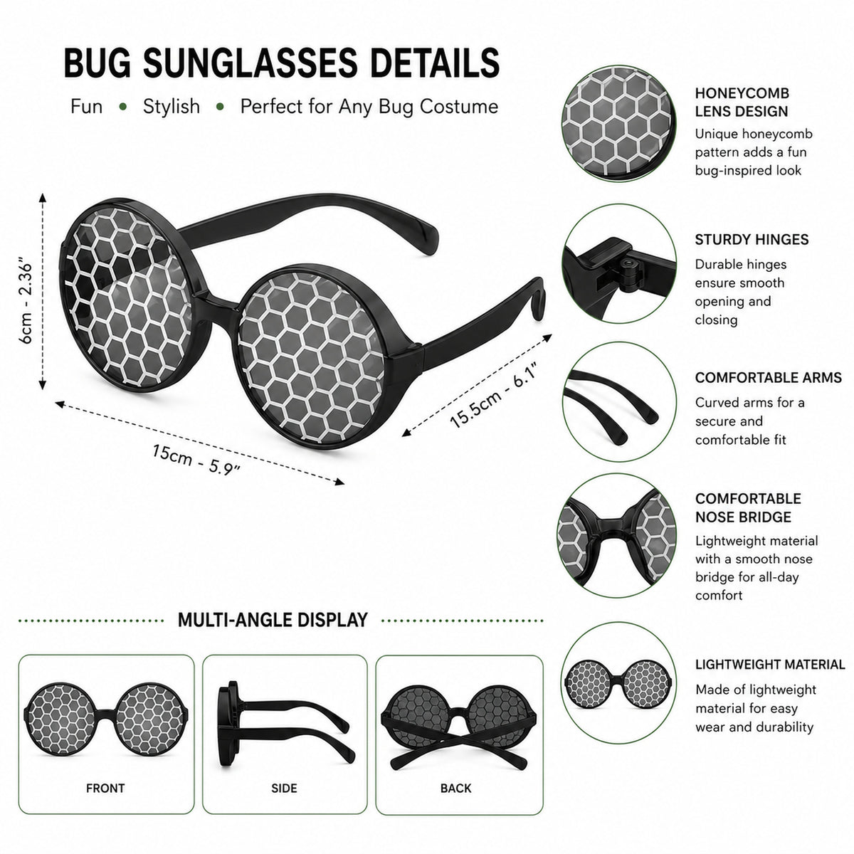 Honeycomb-look novelty bug glasses details