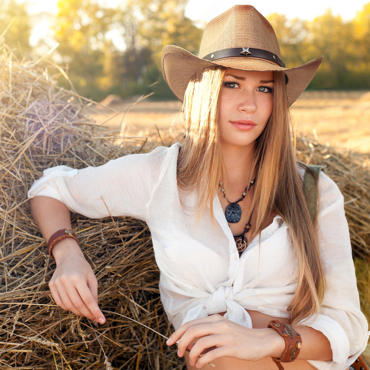 Funcredible Straw Cowboy Hat - Woven Cowgirl Hat with 3 Replaceable Hat Bands - Vintage Western Cowgirl Hat - Aesthetic Cowboy Hat for Women and Men Western Style - Trendy Cowgirl Cowboy Hat