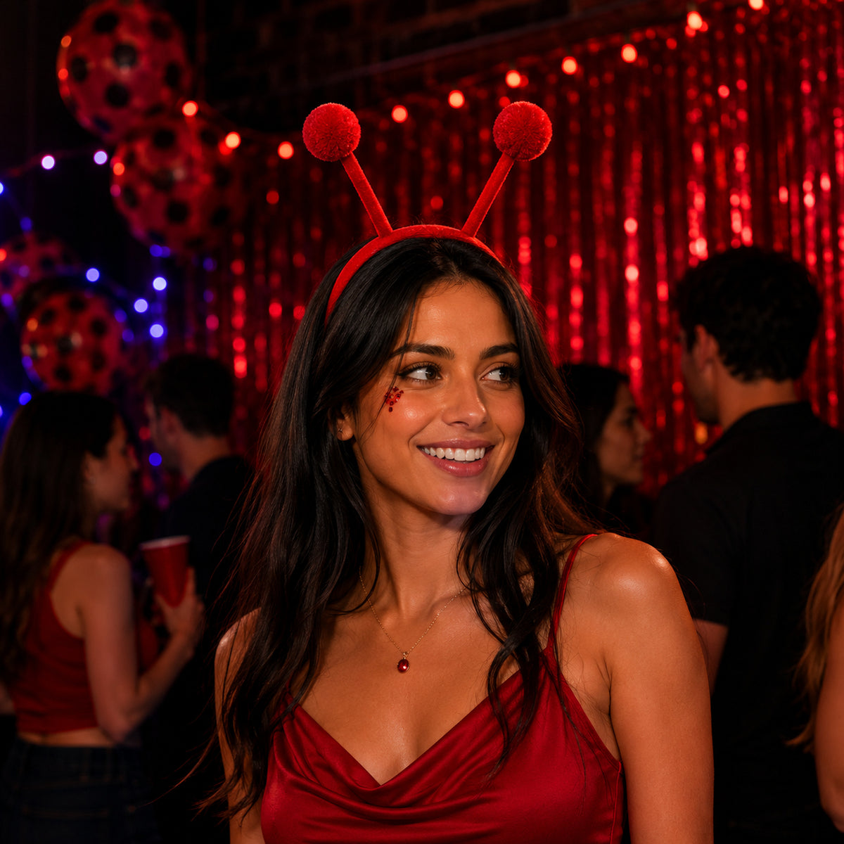 Ladybug antenna headband shown at a costume party