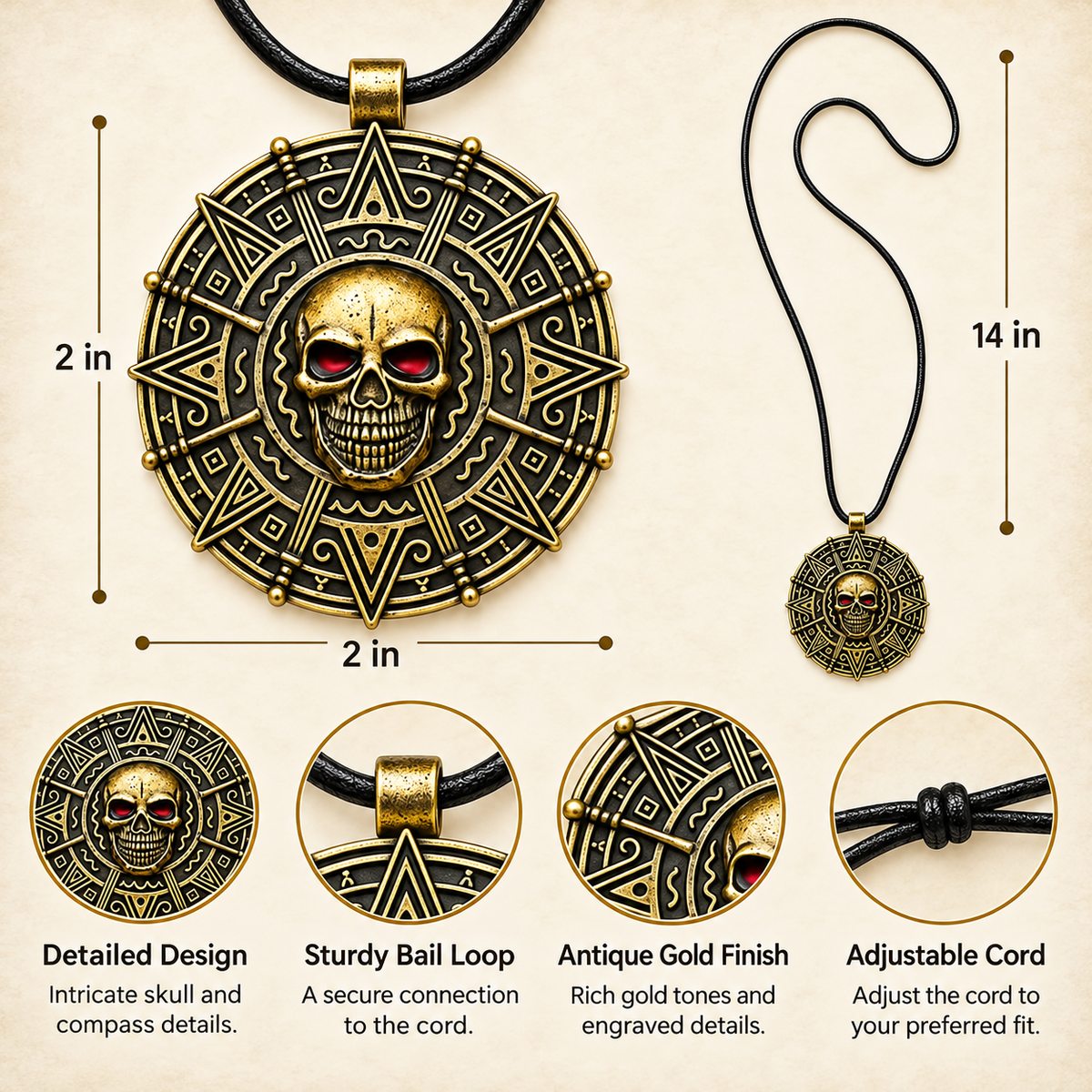 Skull medallion necklace dimensions, cord and design details