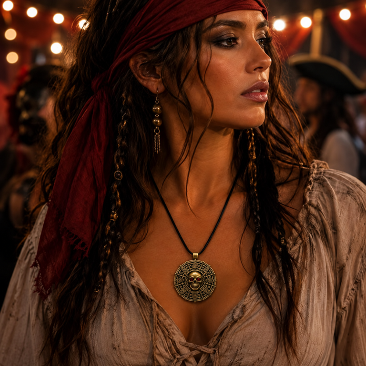 Skull medallion necklace styled with a pirate costume