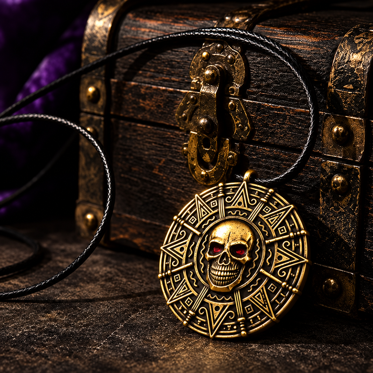 Skull medallion necklace displayed beside a pirate treasure chest