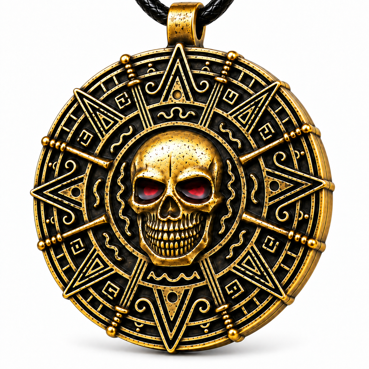 Antique gold-tone skull medallion necklace on a white background
