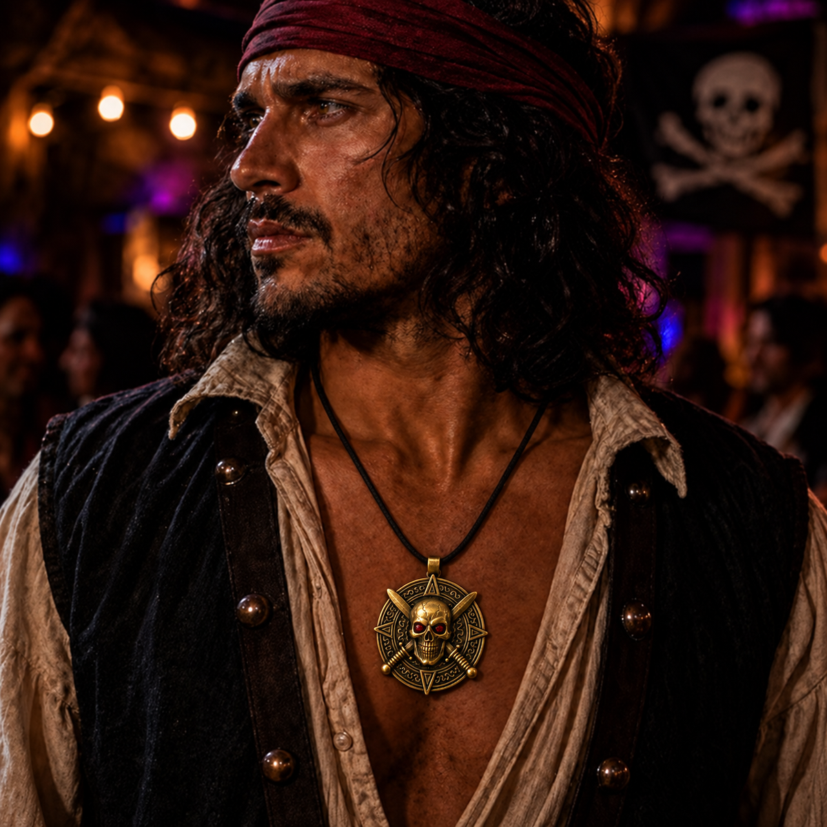 Skull and crossed swords necklace worn with a pirate costume at a party