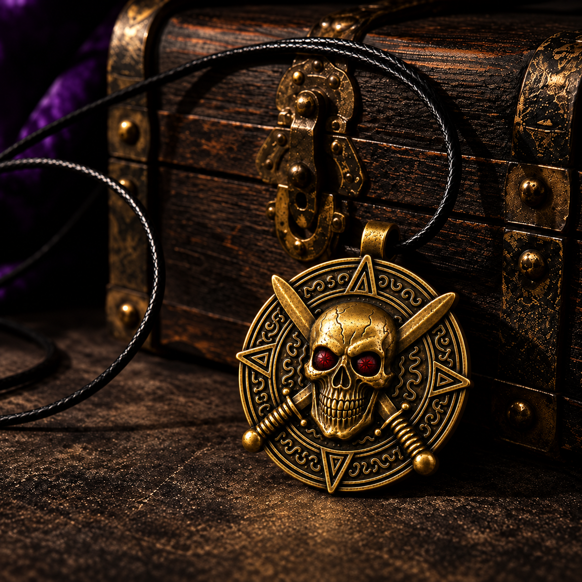 Skull and crossed swords medallion necklace beside a pirate treasure chest