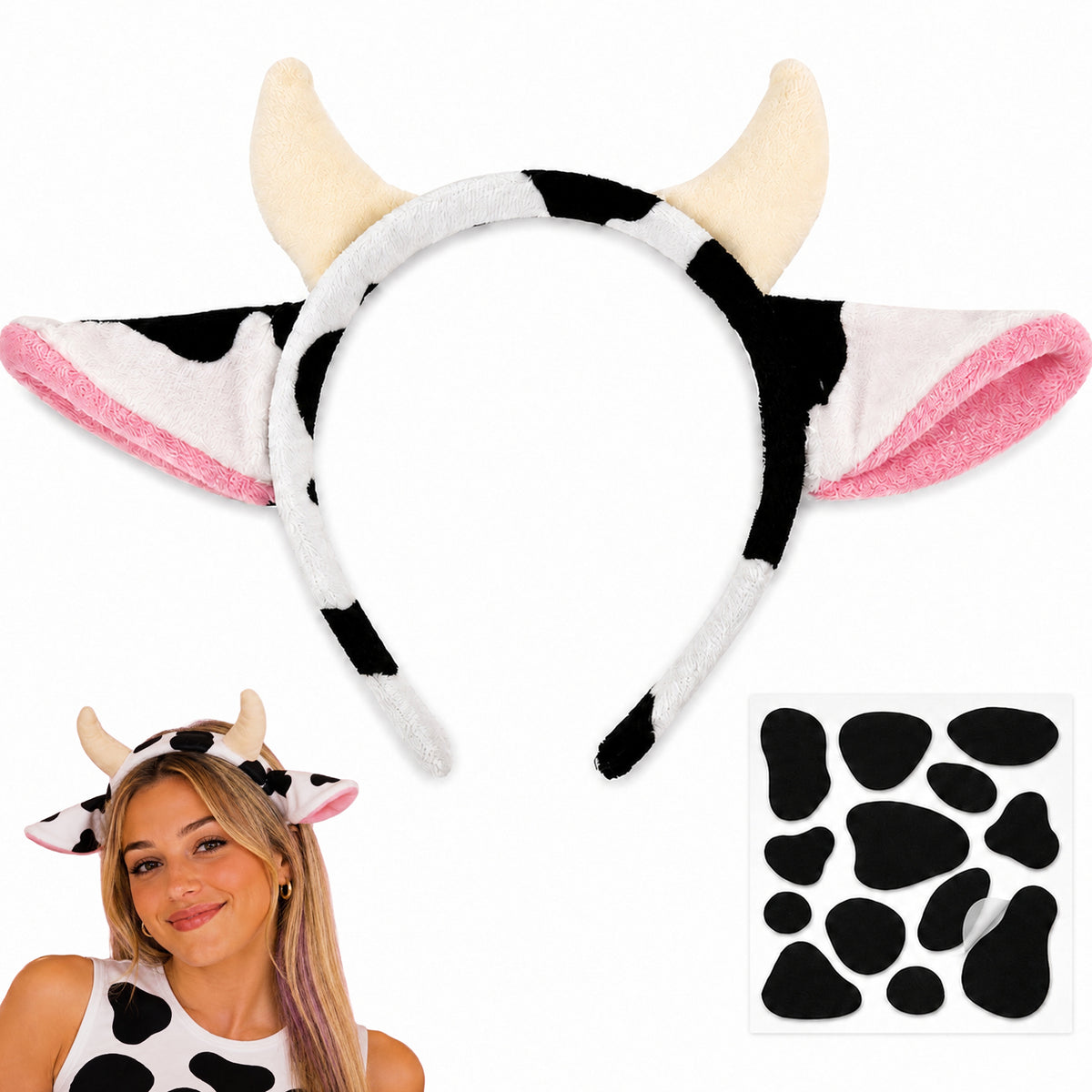 Cow Ears & Horns Headband with Spot Sheet