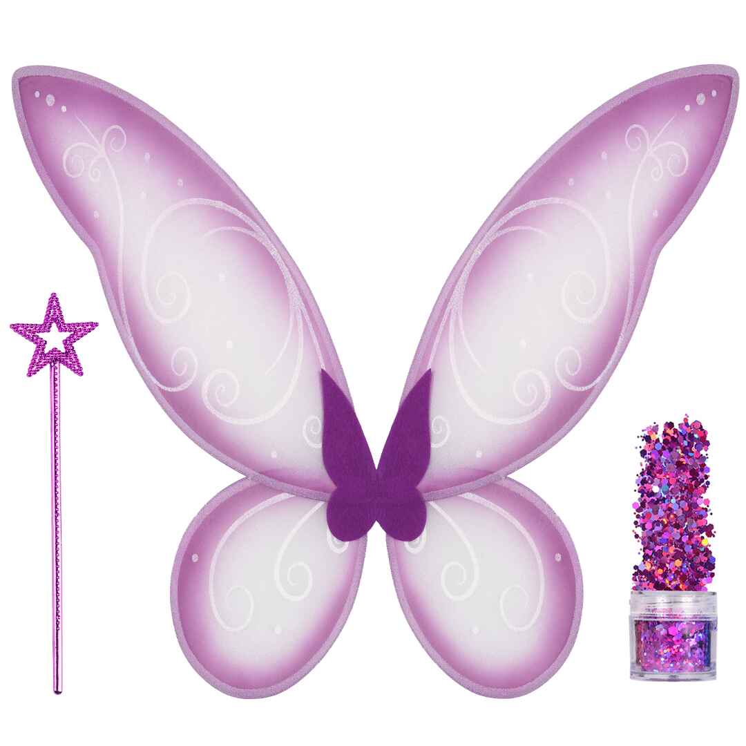 Purple Fairy Costume Accessories Set - Fairy Wings, Fairy Crown with Glitter - Purple Tooth Fairy Wings
