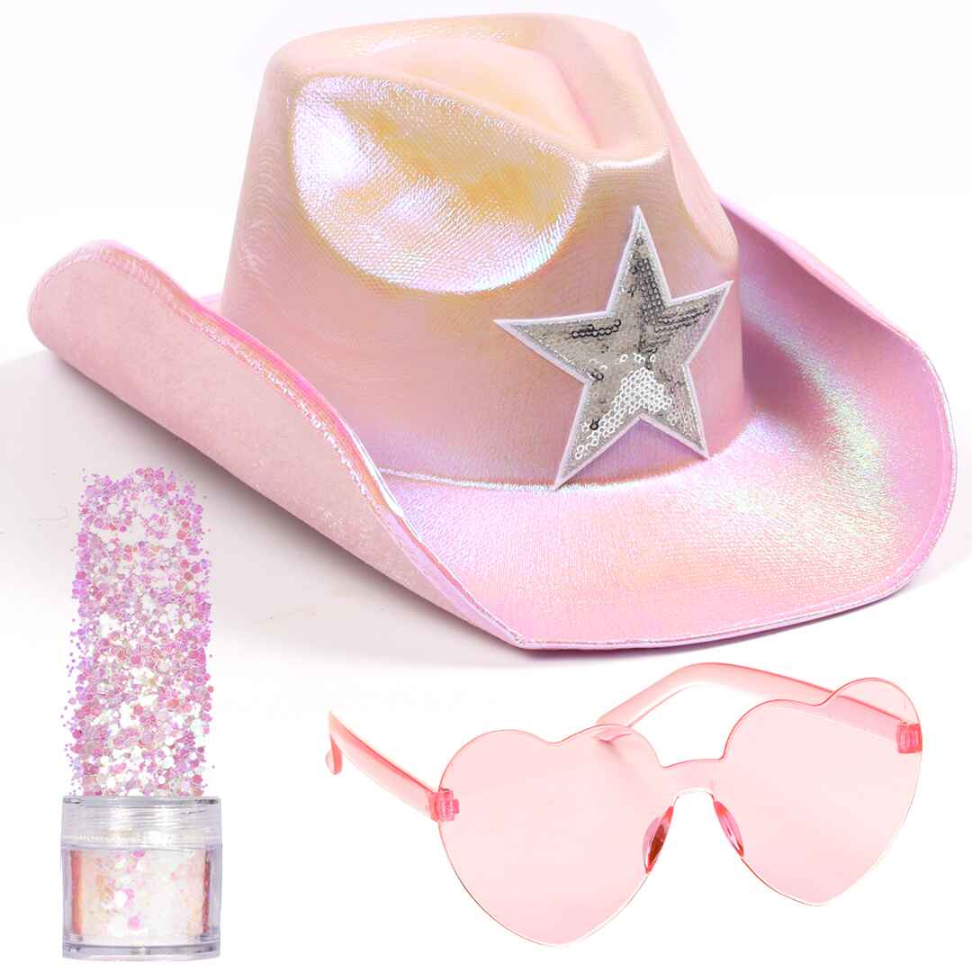 Pink Cowgirl Hat for women holographic space cowboy hat silver rave hat sequin led