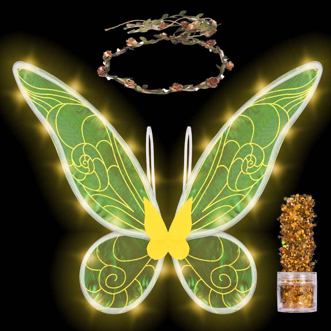 Gold Fairy Wings Set with Crown and Glitter - Perfect for Girls Women Kids - Halloween Costume Cosplay Dress Up