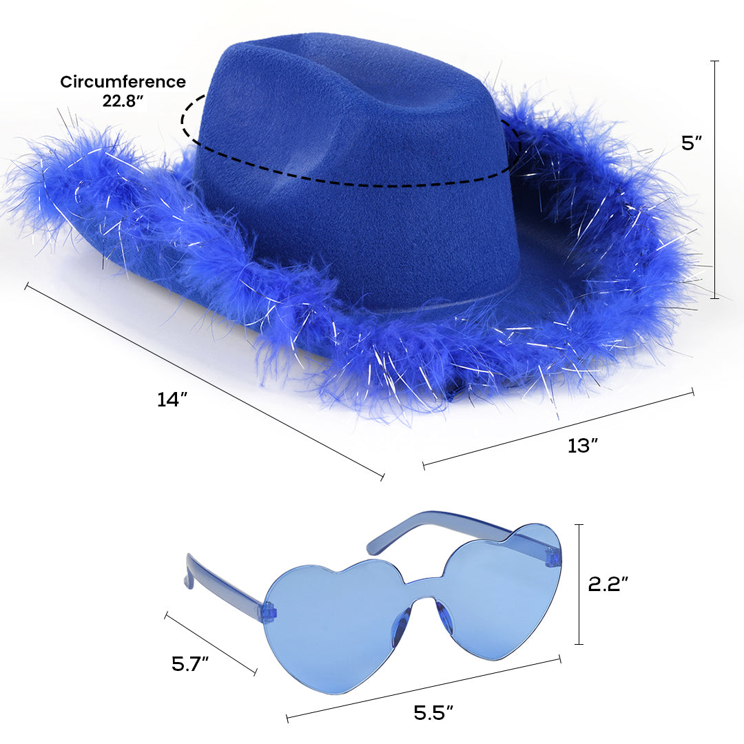 Blue Cowgirl Hat with Glasses - Halloween Cowboy Hat with Feathers - Cow Girl Costume Accessories - Fun Bride Western Rodeo Party Hats and Goggles for Women, Girls and Kids - FUNCREDIBLE