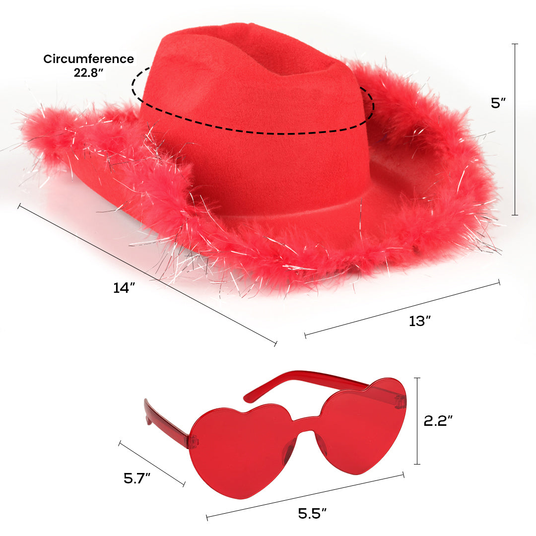 Red Cowgirl Hat with Glasses - Halloween Cowboy Hat with Feathers - FUNCREDIBLE