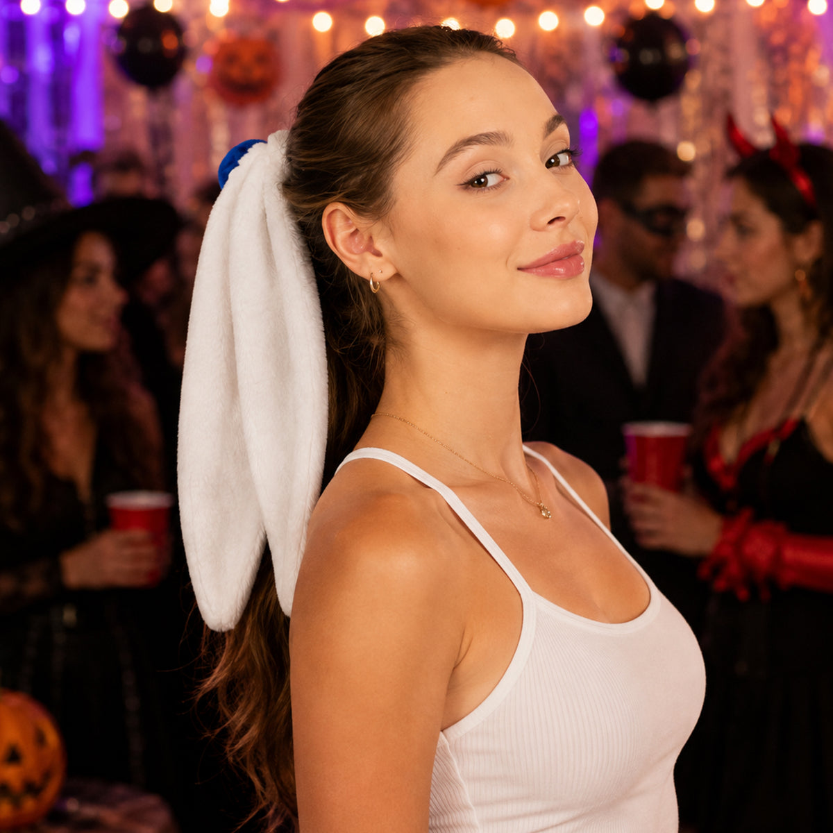 White Bunny Ears Scrunchie Hair Tie styled for a costume party