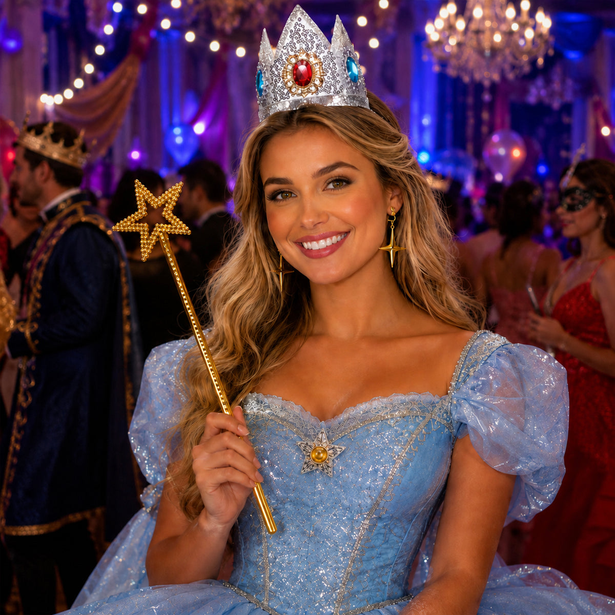 Silver Princess Crown, Star Wand & Jewelry Set styled for a costume party